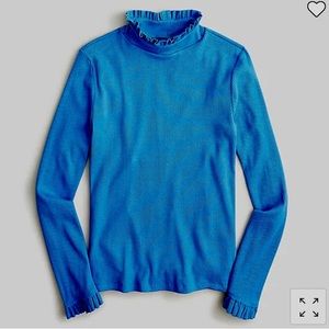 NWT J Crew Vintage Rib Ruffle Mockneck T-Shirt Blue Long Sleeve